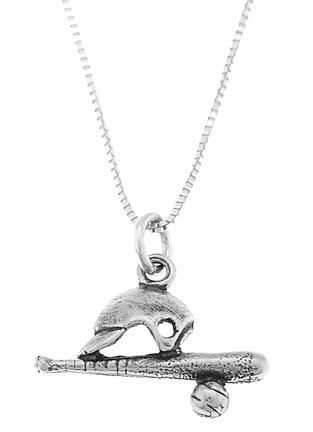 STERLING SILVER HELMET BAT & BALL BASEBALL EQUIPMENT CHARM W/ 16 inch BOX CHAIN NECKLACE