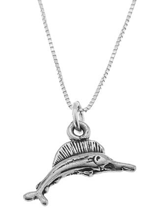 STERLING SILVER BROAD BILL FISH / SWORDFISH CHARM WITH 16 inch BOX CHAIN NECKLACE