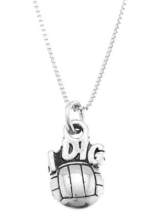 STERLING SILVER I DIG VOLLEYBALL CHARM WITH 16 inch BOX CHAIN NECKLACE