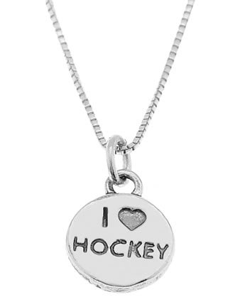 STERLING SILVER I LOVE HOCKEY ROUND DISC CHARM WITH 16 INCH BOX CHAIN NECKLACE