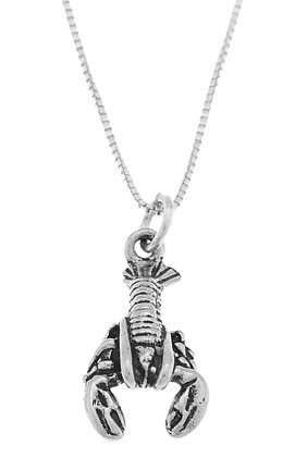 STERLING SILVER BIG CLAW LOBSTER / SEAFOOD LOBSTER CHARM WITH 16 INCH BOX CHAIN NECKLACE