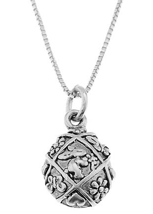 STERLING SILVER DECORATIVE EASTER EGG WITH RABBIT CHARM WITH 16 inch BOX CHAIN NECKLACE