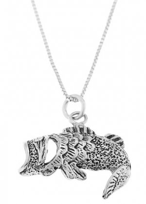 STERLING SILVER OPEN MOUTH BASS FISH CHARM WITH 16 inch BOX CHAIN NECKLACE