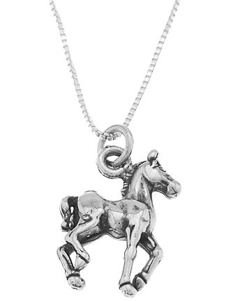 STERLING SILVER WALKING HORSE / PRANCING HORSE CHARM WITH 16 inch BOX CHAIN NECKLACE