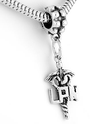 STERLING SILVER DANGLE LPN CADUCEUS EUROPEAN BEAD