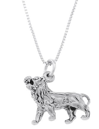 STERLING SILVER FEROCIOUS STRONG LION CHARM WITH 16 inch BOX CHAIN NECKLACE