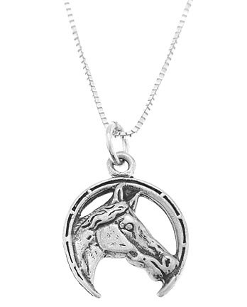 STERLING SILVER HORSE HEAD INSIDE THE HORSESHOE CHARM WITH 16 inch BOX CHAIN NECKLACE