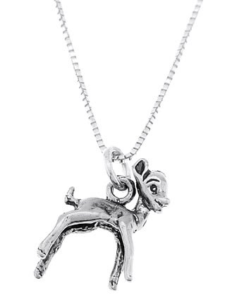 STERLING SILVER BABY DEER / FAWN CHARM WITH 16 inch BOX CHAIN NECKLACE