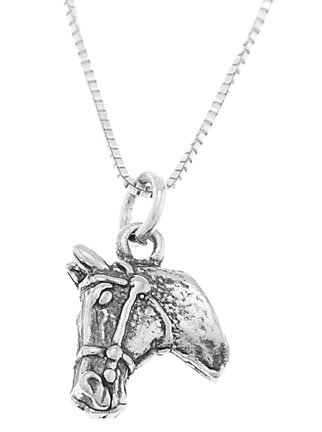 STERLING SILVER DOUBLE SIDED HORSE HEAD CHARM WITH 16 inch BOX CHAIN NECKLACE