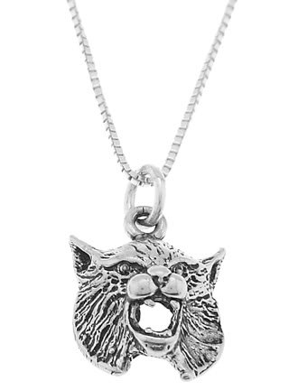STERLING SILVER BOB CAT HEAD / BOBCAT HEAD CHARM WITH 16 inch BOX CHAIN NECKLACE