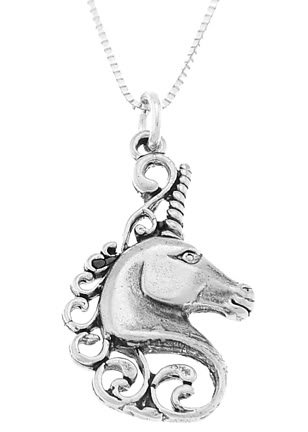 STERLING SILVER MYSTICAL UNICORN HEAD CHARM WITH 16 inch BOX CHAIN NECKLACE