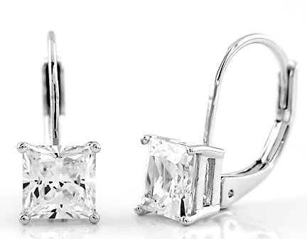 STERLING SILVER CZ PRINCESS CUT LEVERBACK EARRINGS 6MM