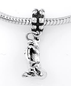 STERLING SILVER DANGLE OTTER HOLDING/ EATING FISH EUROPEAN BEAD