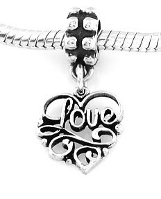 STERLING SILVER DANGLING LOVE IN HEART EUROPEAN BEAD