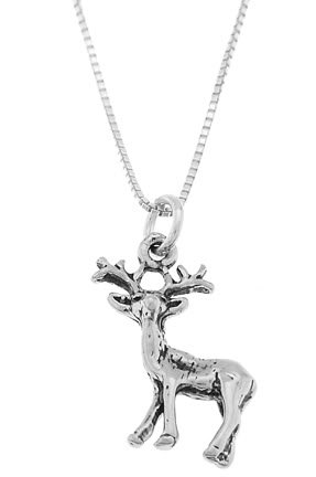 STERLING SILVER STANDING EIGHT POINT BUCK DEER CHARM WITH 16 inch BOX CHAIN NECKLACE