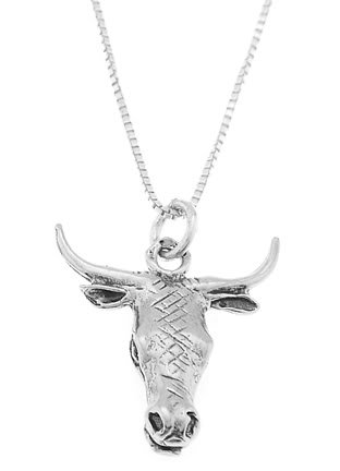 STERLING SILVER BULL HEAD / BULLHEAD CHARM WITH 16 inch BOX CHAIN NECKLACE