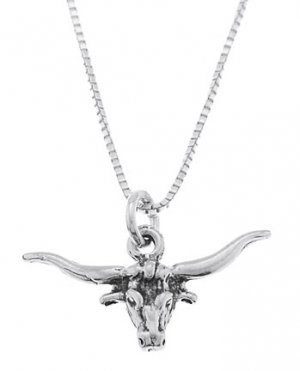 STERLING SILVER LONG HORN BULL CHARM WITH 16 inch BOX CHAIN NECKLACE