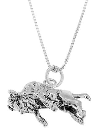 STERLING SILVER BUFFALO KICKING ON HIS BACK LEGS CHARM WITH 16 inch BOX CHAIN NECKLACE