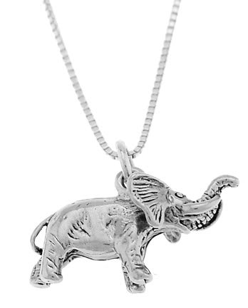STERLING SILVER LUCKY ELEPHANT WITH TRUNK UP CHARM WITH 16 inch BOX CHAIN NECKLACE