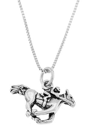 STERLING SILVER EQUESTRIAN JOCKEY AND HORSE CHARM WITH 16 inch BOX CHAIN NECKLACE
