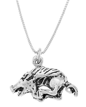 STERLING SILVER RAZORBACK BOAR HOG CHARM WITH 16 inch BOX CHAIN NECKLACE