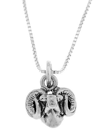 STERLING SILVER RAM'S HEAD / RAM HEAD CHARM WITH 16 inch BOX CHAIN NECKLACE