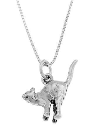 STERLING SILVER SCARED ALLEY CAT / TAIL UP CAT CHARM WITH 16 inch BOX CHAIN NECKLACE