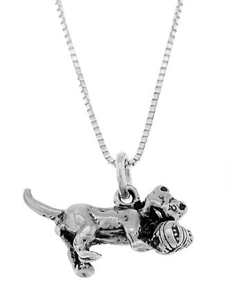 STERLING SILVER CAT PLAYING WITH BALL OF YARN CHARM WITH 16 inch BOX CHAIN NECKLACE