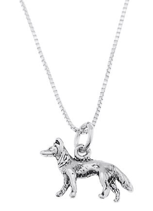 STERLING SILVER SMALL GERMAN SHEPHERD CHARM WITH 16 inch BOX CHAIN NECKLACE