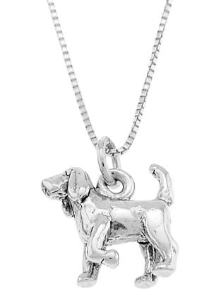 STERLING SILVER ST. HUBERT HOUND / BLOODHOUND DOG CHARM WITH 16 inch BOX CHAIN NECKLACE