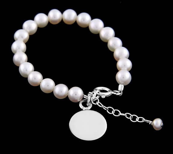 STERLING SILVER FRESHWATER PEARL BRACELET W/ ROUND DISC 6" for CHILD