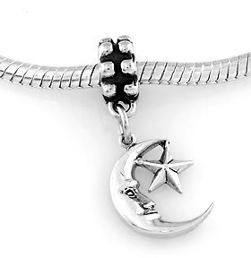 STERLING SILVER DANGLING MOON WITH STAR EUROPEAN BEAD