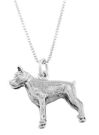 STERLING SILVER BOXER DOG CHARM WITH 18 inch BOX CHAIN NECKLACE