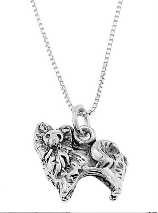 STERLING SILVER POMERANIAN DOG / POM POM DOG CHARM WITH 18 inch BOX CHAIN NECKLACE