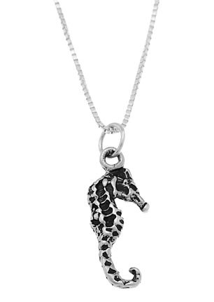 STERLING SILVER SEAHORSE / SEA HORSE CHARM WITH 18 inch BOX CHAIN NECKLACE