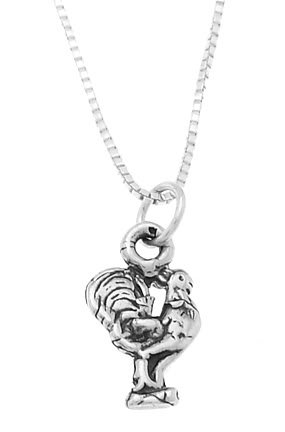 STERLING SILVER ROOSTER CHARM WITH 18 inch BOX CHAIN NECKLACE