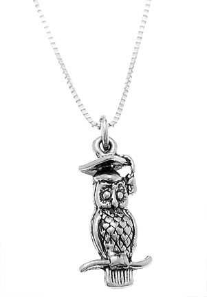 STERLING SILVER GRAUATION OWL WITH CAP CHARM WITH 16 inch BOX CHAIN NECKLACE