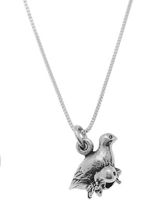 STERLING SILVER PARTRIDGE IN PEAR TREE CHARM WITH 16 inch BOX CHAIN NECKLACE