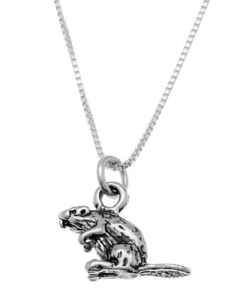 STERLING SILVER BEAVER CHARM WITH 16 INCH BOX CHAIN NECKLACE