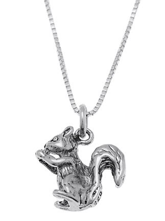 STERLING SILVER SQUIRREL HOLDING / EATING NUT CHARM WITH 16 inch BOX CHAIN NECKLACE