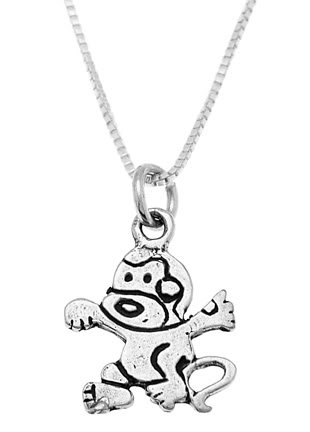 STERLING SILVER CRAZY MONKEY / CARTOON MONKEY CHARM WITH 16 inch BOX CHAIN NECKLACE