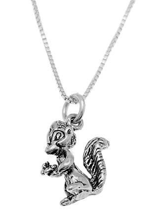 STERLING SILVER SQUIRREL/ SKUNK HOLDING FLOWER CHARM WITH 16 inch BOX CHAIN NECKLACE