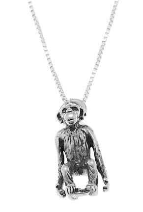 STERLING SILVER ORANGUTAN MONKEY / CHIMP CHARM WITH 16 inch BOX CHAIN NECKLACE