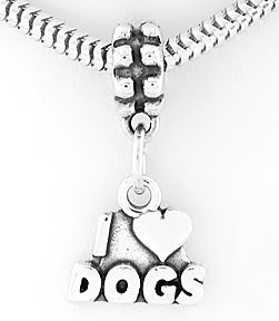 STERLING SILVER DANGLING I LOVE DOGS HEART EUROPEAN BEAD
