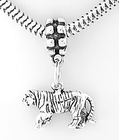 STERLING SILVER DANGLING 3D TIGER EUROPEAN BEAD