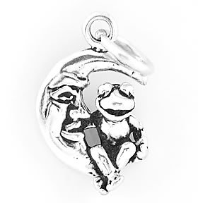 STERLING SILVER FROG SITTING ON CRESCENT MOON CHARM/PENDANT
