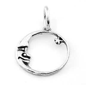 STERLING SILVER CRESCENT MOON FACING STAR CIRCLE CHARM/PENDANT