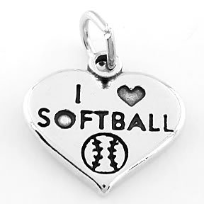 STERLING SILVER I LOVE SOFTBALL HEART CHARM/PENDANT