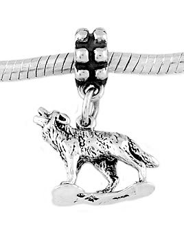STERLING SILVER DANGLE HOWLING WOLF EUROPEAN BEAD