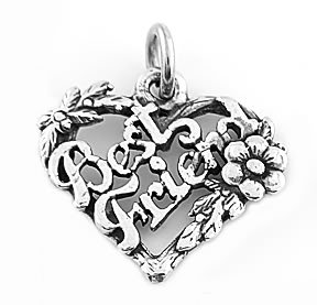 STERLING SILVER BEST FRIEND FLOWERED HEART CHARM/PENDANT